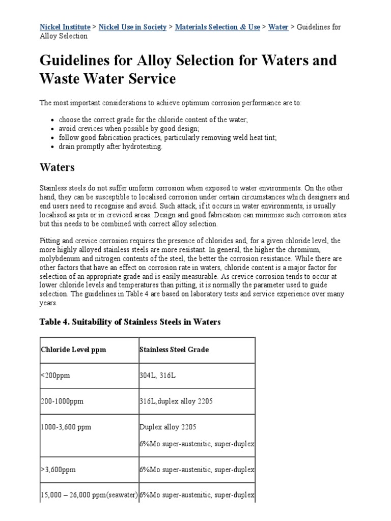 Guidelines For Alloy Selection For Waters and Waste Water Service PDF PDF Corrosion