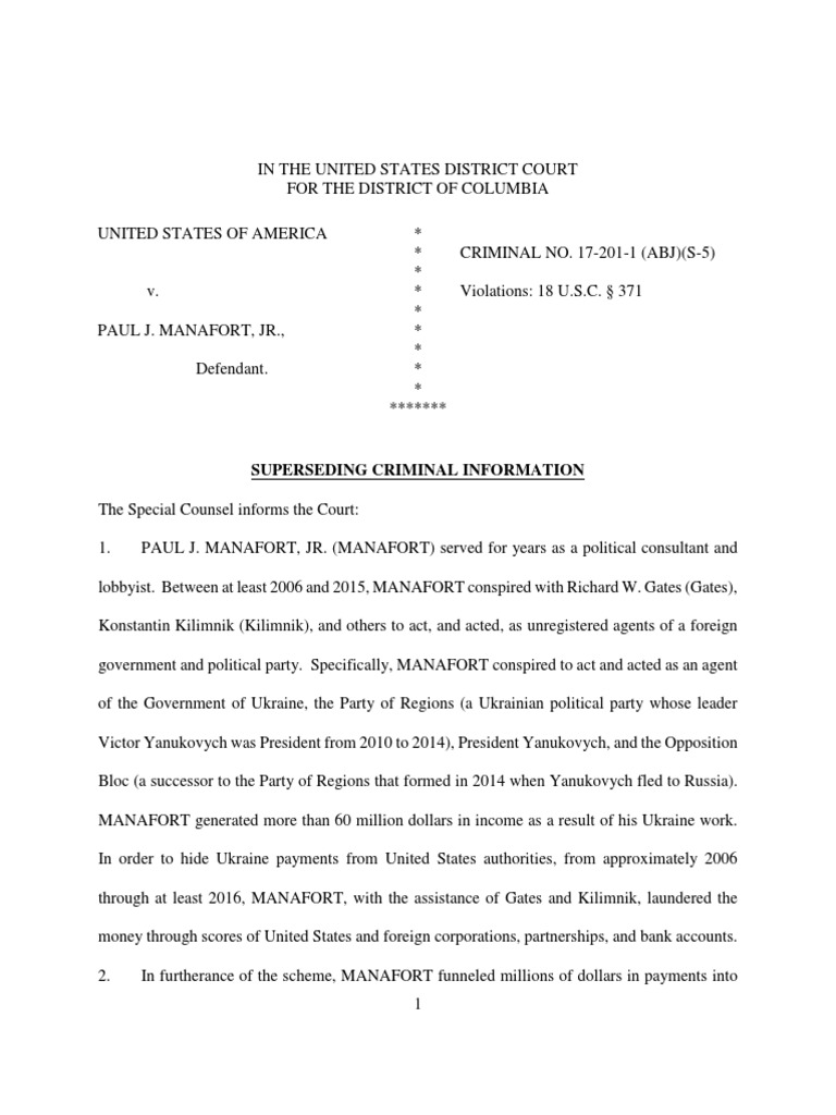 Manafort Superseding Criminal Information | PDF | Lobbying In The ...