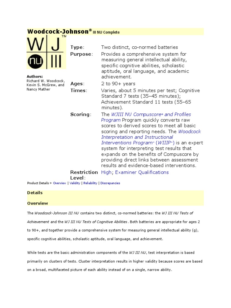 Woodcock Johnson CompleteTest-2 | PDF | Learning Disability | Validity ...