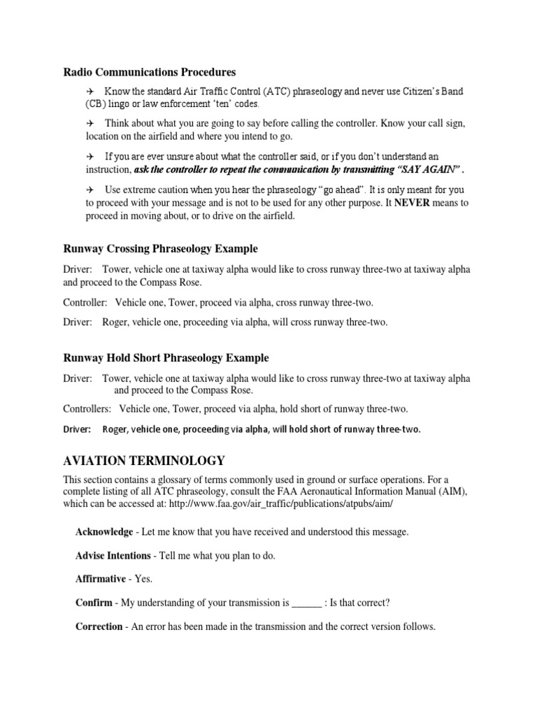 ATC Phraseology Examples Air Traffic Control Runway