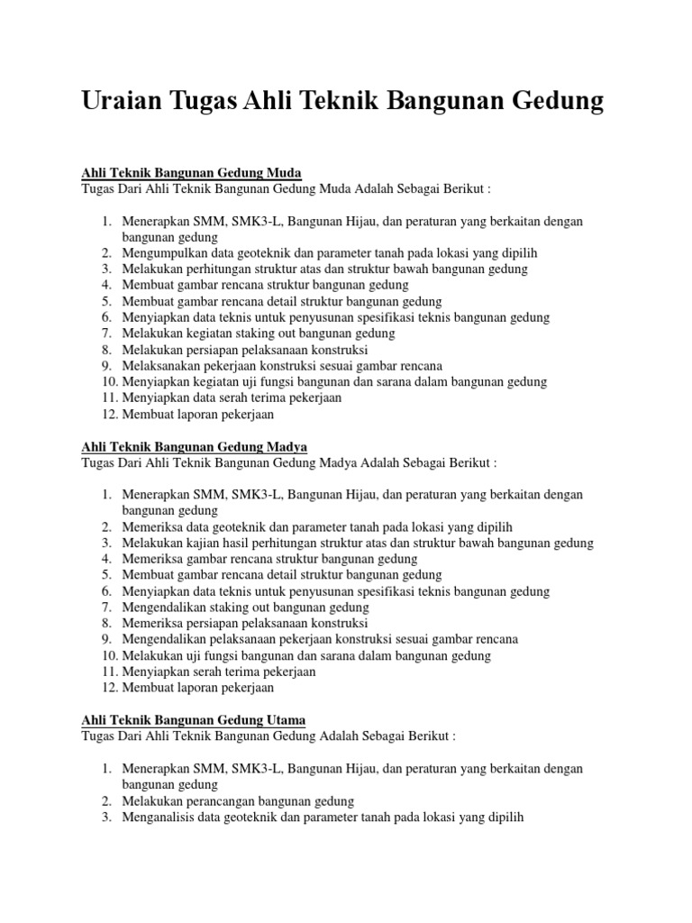Uraian Tugas Ahli Teknik Bangunan Gedung Dan Jembatan