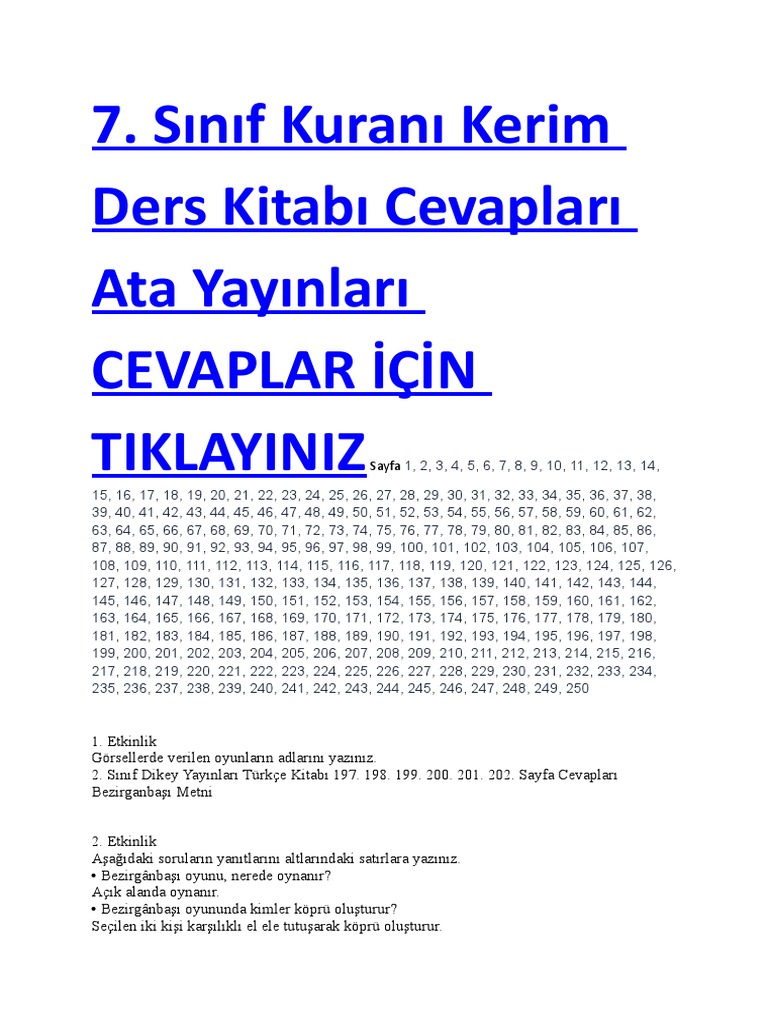 2018 2019 7 Sinif Kurani Kerim Ders Kitabi Cevaplari Ata Yayinlari