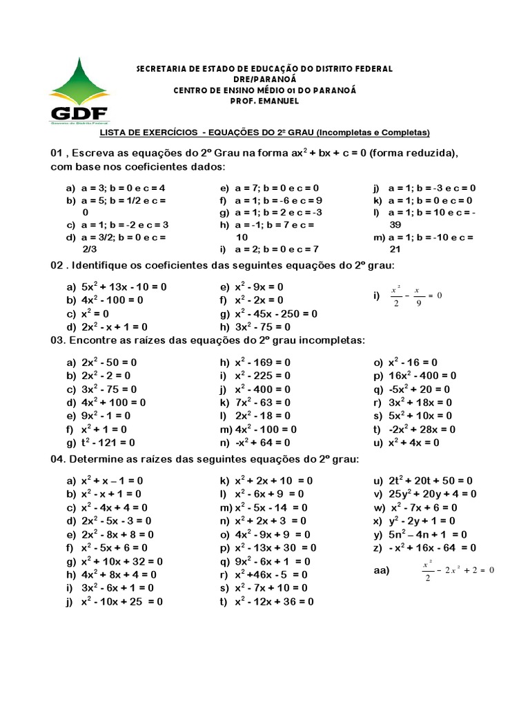 9º Ano - Equações Do 2º Grau, PDF, Equações