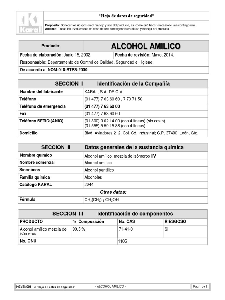 ALCOHOL AMILICO - HsVen001 Hoja de Datos de Seguridad | PDF ...