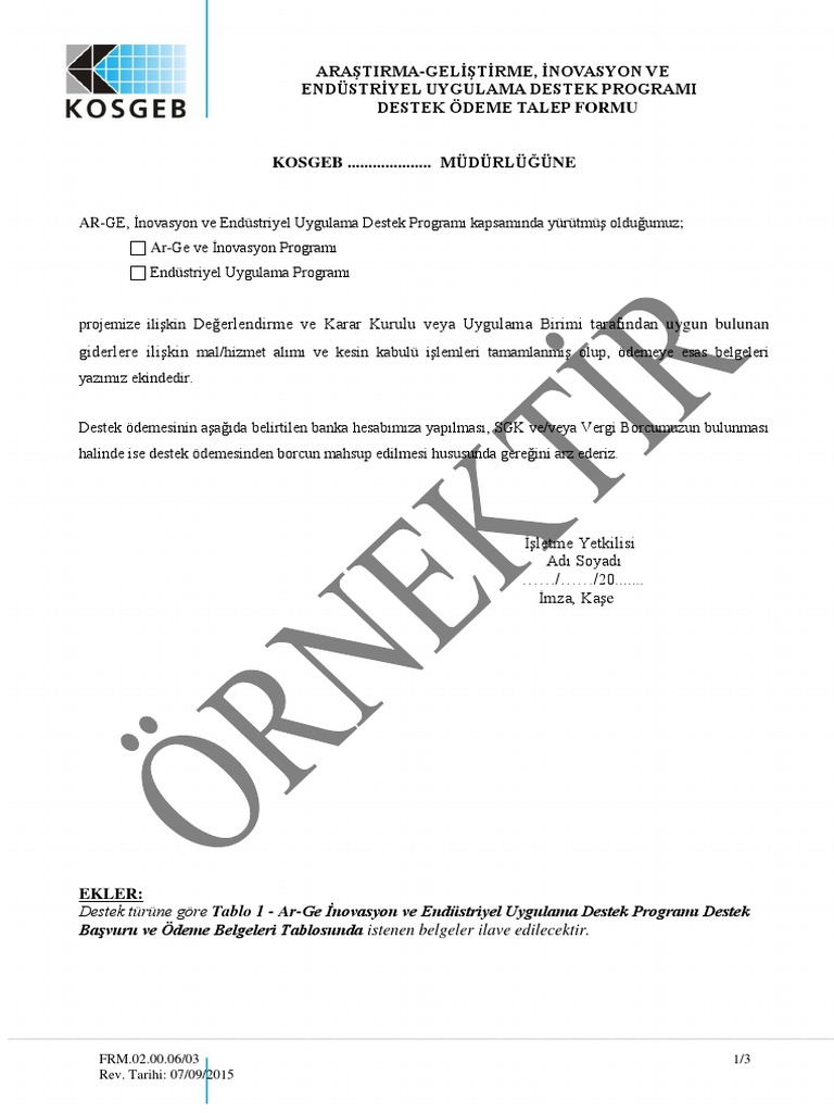 Frm 02 00 06 Ar Ge Inovasyon Ve Endustriyel Uygulama Programi Odeme Talep Formu Pdf