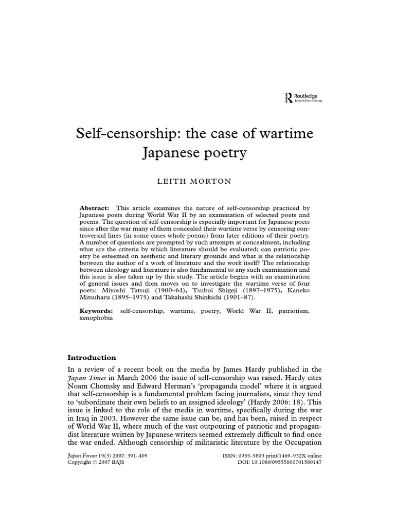 Self-Censorship The Case of Japanese Poetry Wartime - Leith Morton ...