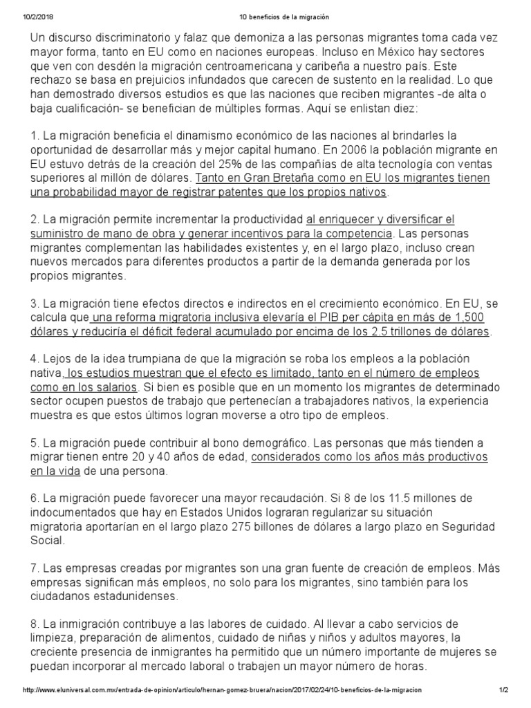 10 Beneficios de la Migración | PDF | Migración humana | Los Estados Unidos