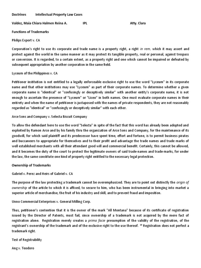 Doctrines Intellectual Property Law Cases Valdez, Maia Chiara Halmen