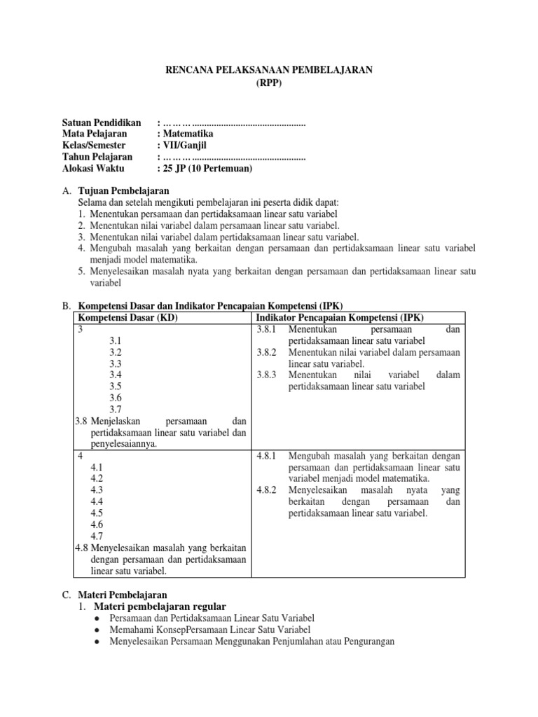 Rpp Bab 4 Persamaan Pertidaksamaan Linear Satu Variabel Docx