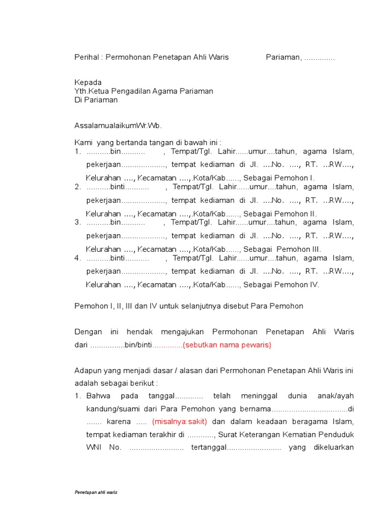 Draft Permohonan Ahli Waris