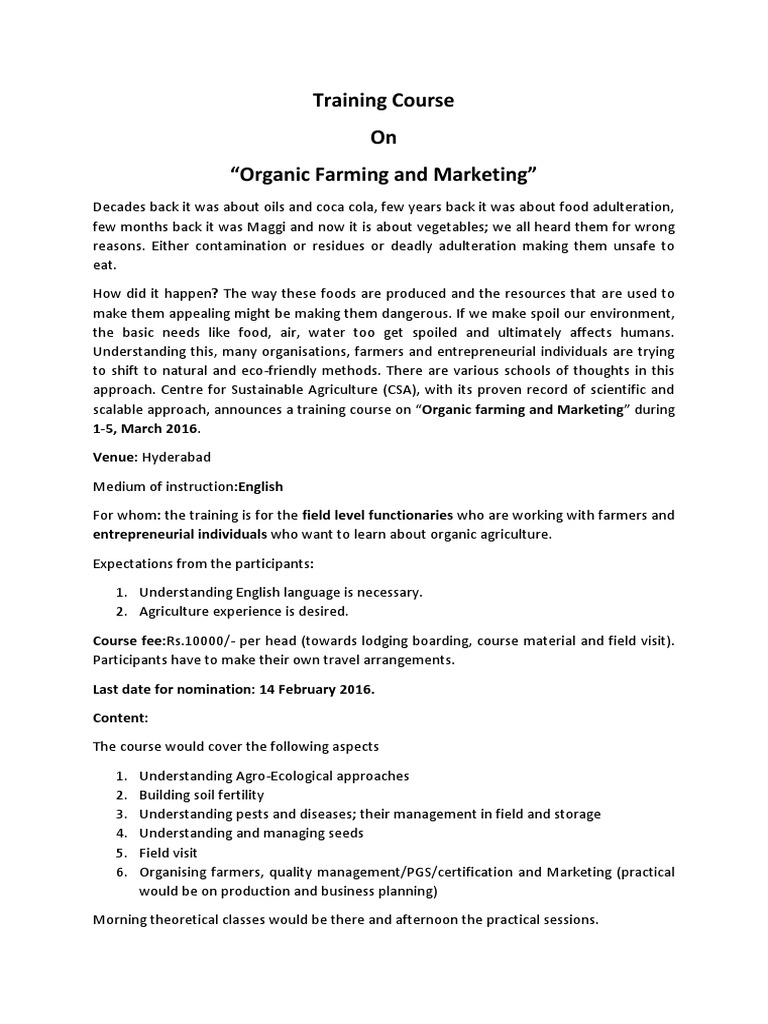 Organic Farming Training by CSA Hyderabad | PDF | Agriculture | Natural ...