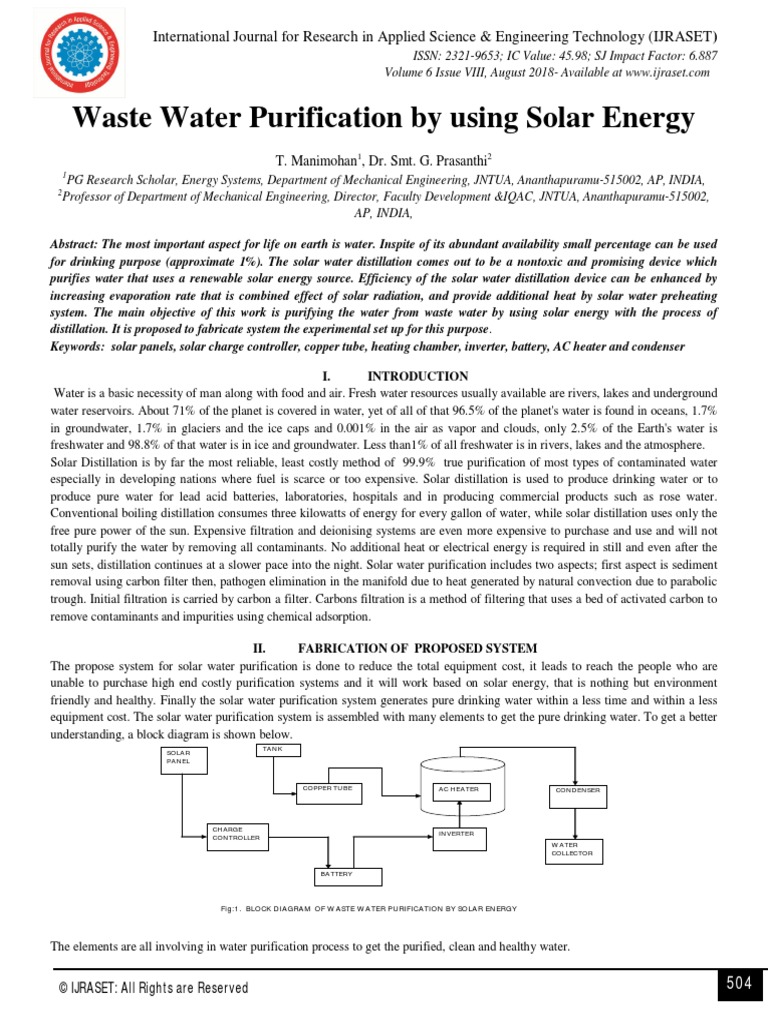 Waste Water Purification by using Solar Energy Water Purification