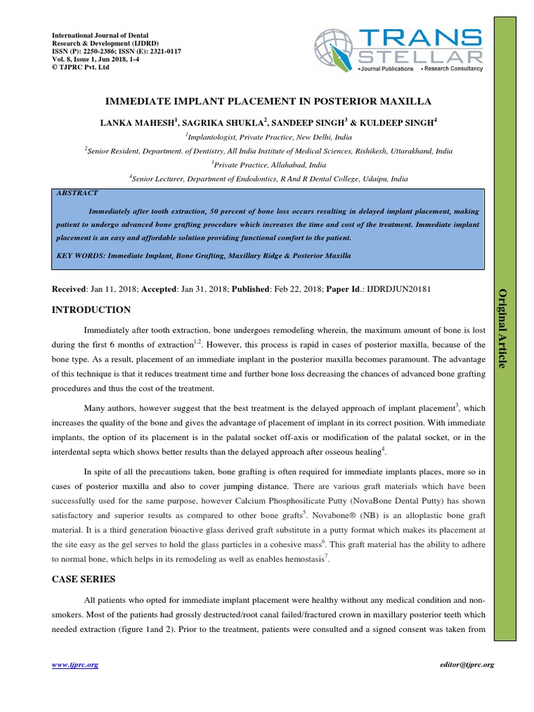 Immediate Implant Placement in Posterior Maxilla | PDF | Dental Implant ...