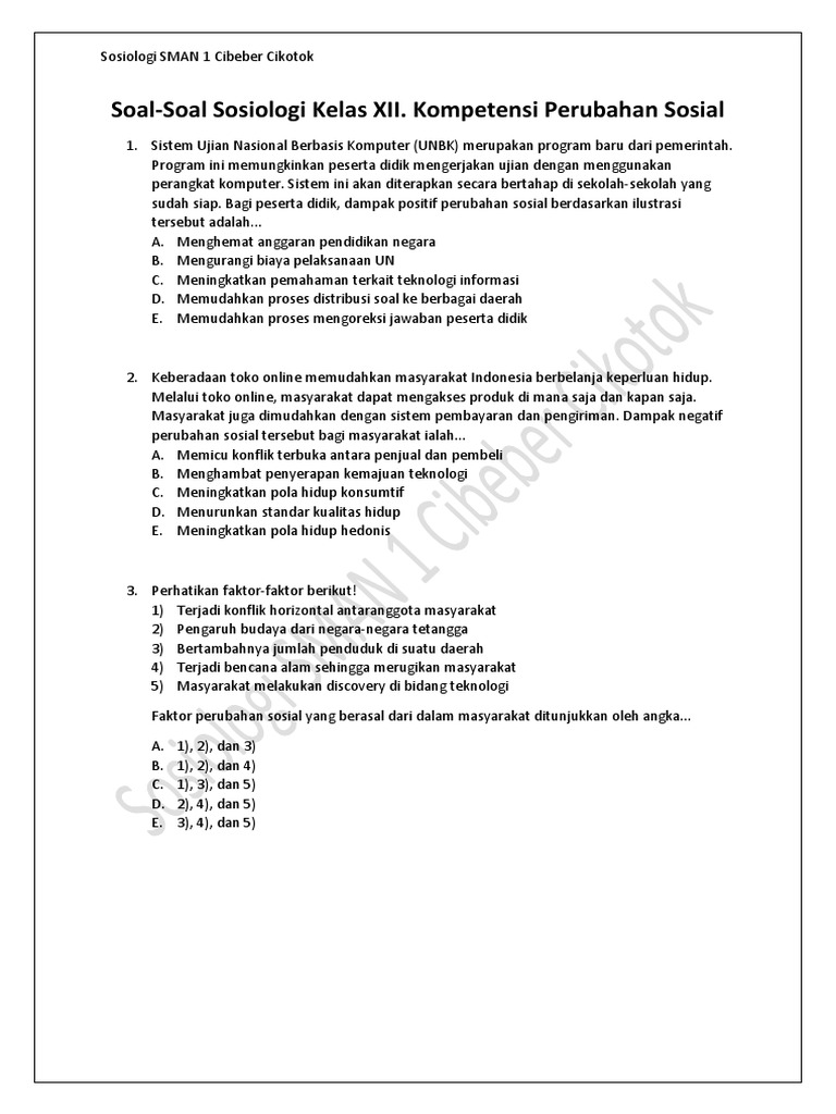 1 Soal Soal Sosiologi Kelas Xii Kompetensi Perubahan Sosial Pdf