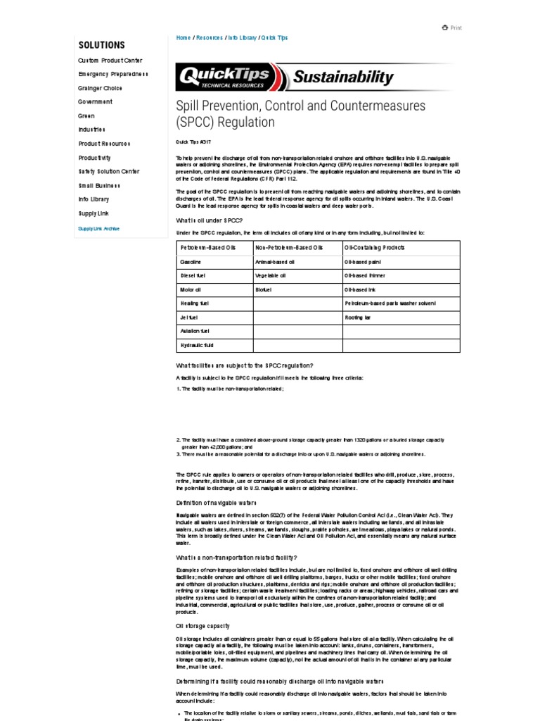 Spill Prevention Control and Countermeasures (SPCC) Plans Quick Tips
