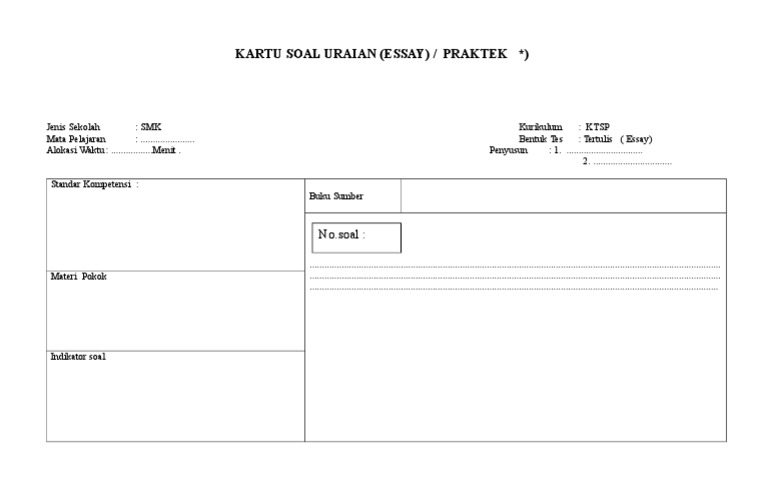 Contoh format kartu soal essay picture