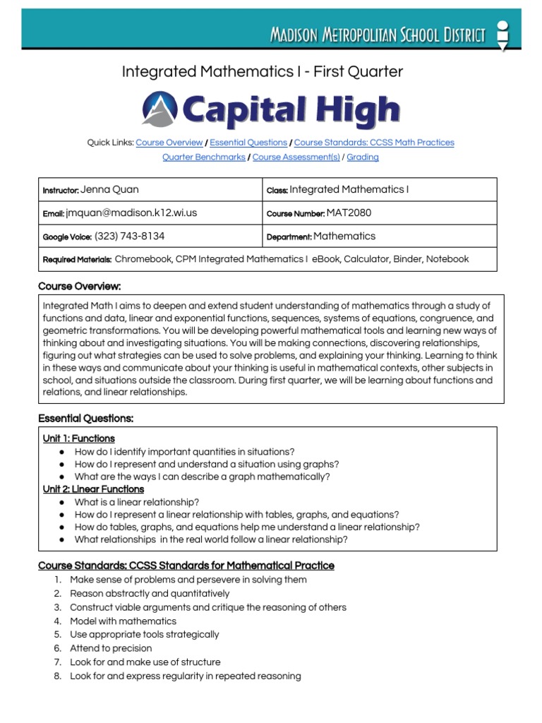 Integrated Math I: First Quarter Overview | PDF | Educational ...