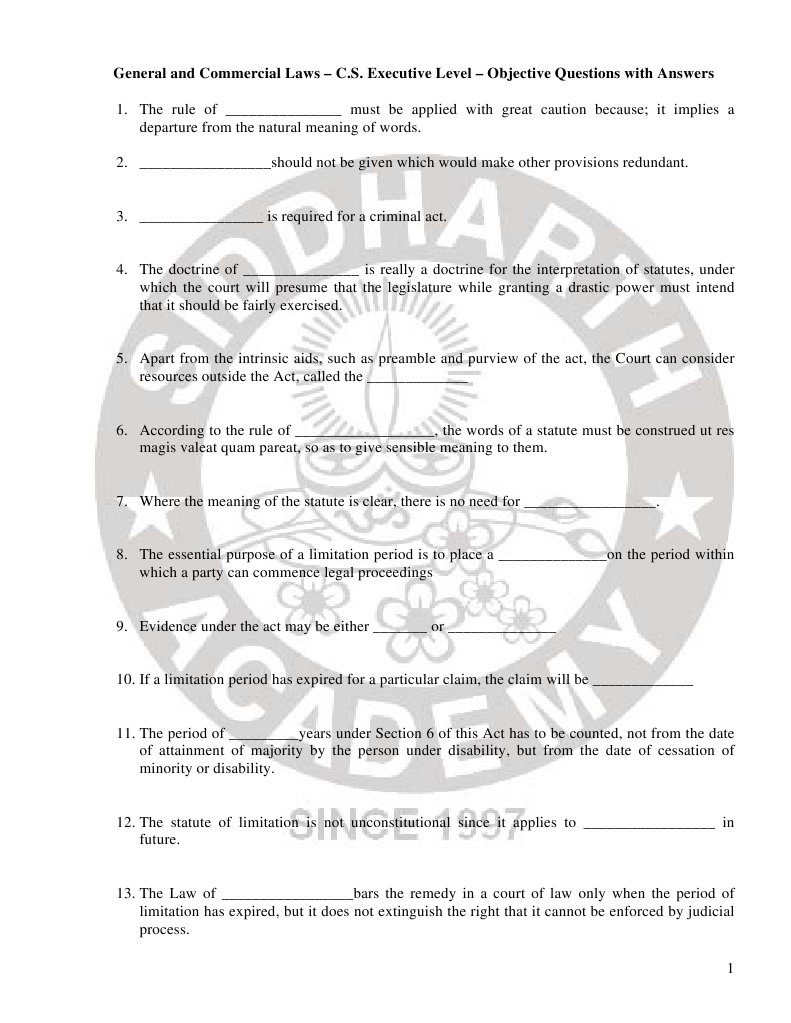 General and Commercial Laws - C.S. Executive Level - Objective ...