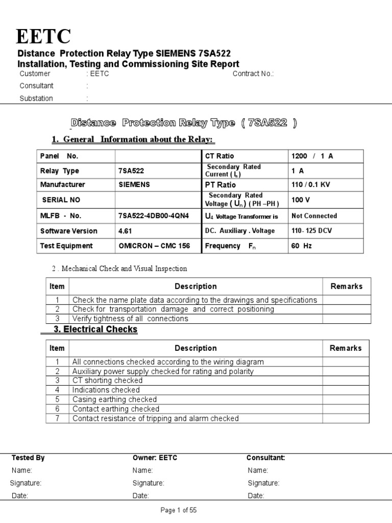 Siemens 7SA522 Relay Testing Report | PDF | Relay | Electrical Substation