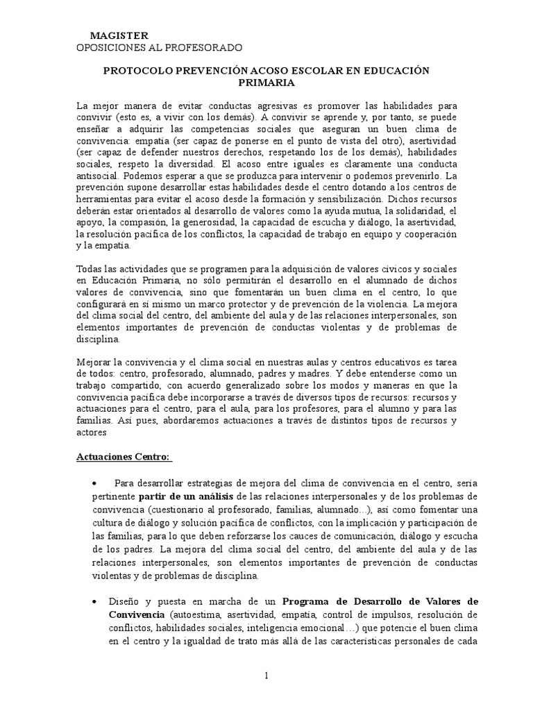 Protocolo de Prevención del Acoso Escolar | PDF | Acoso cibernético ...