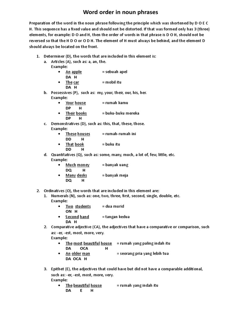 Noun Phrase Word Order Explained | PDF | Adjective | Philology