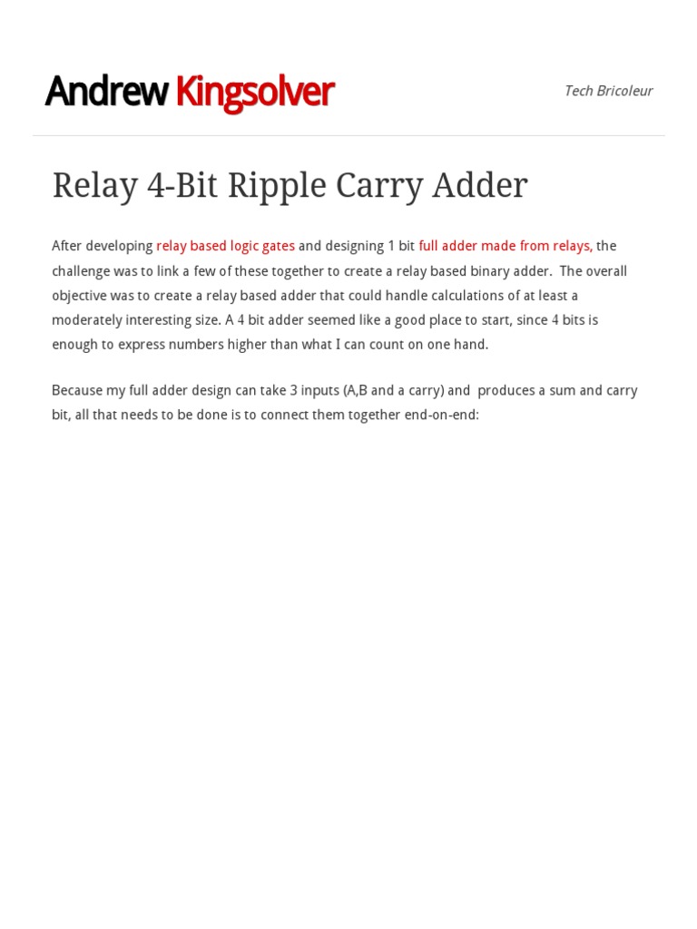 Relay 4Bit Ripple Carry Adder PDF Relay Areas Of Computer Science