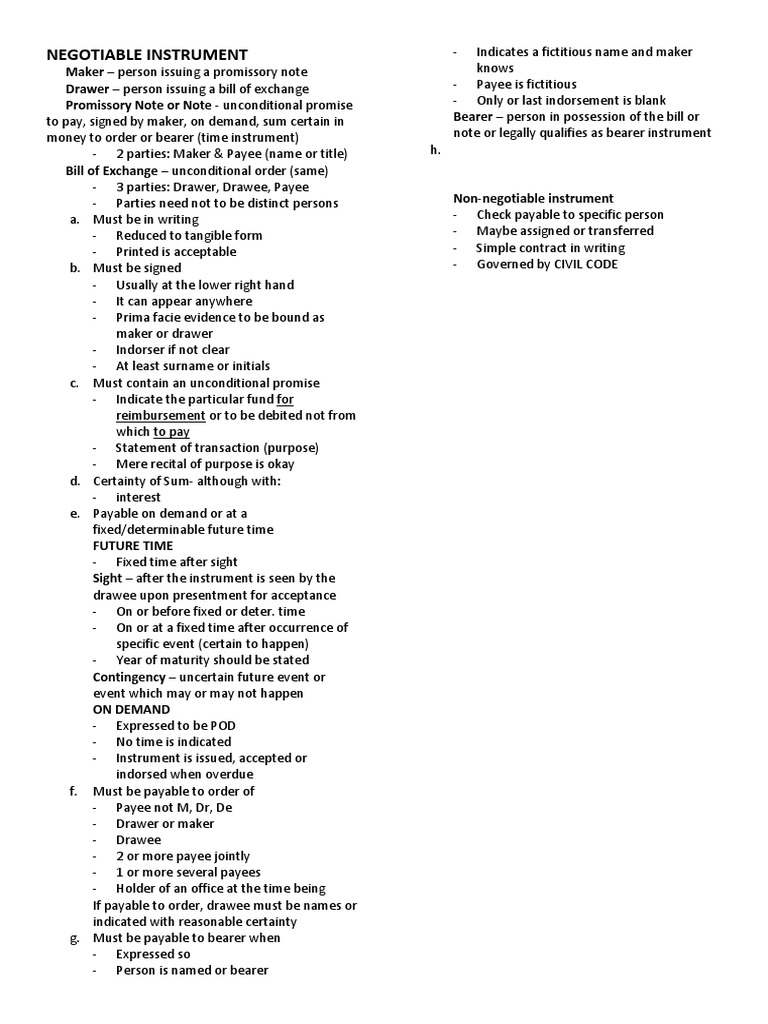 Negotiable Instrument: Maker - Person Issuing A Promissory Note | PDF ...