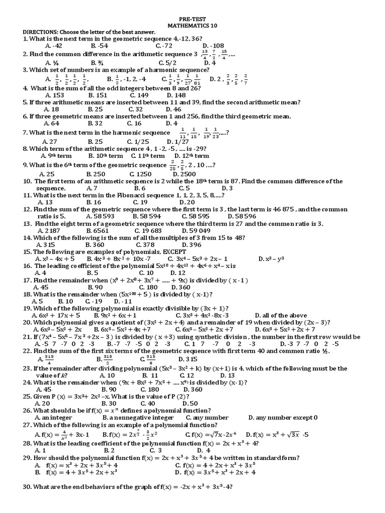 Pre-Test Mathematics 10 DIRECTIONS: Choose The Letter of The Best ...