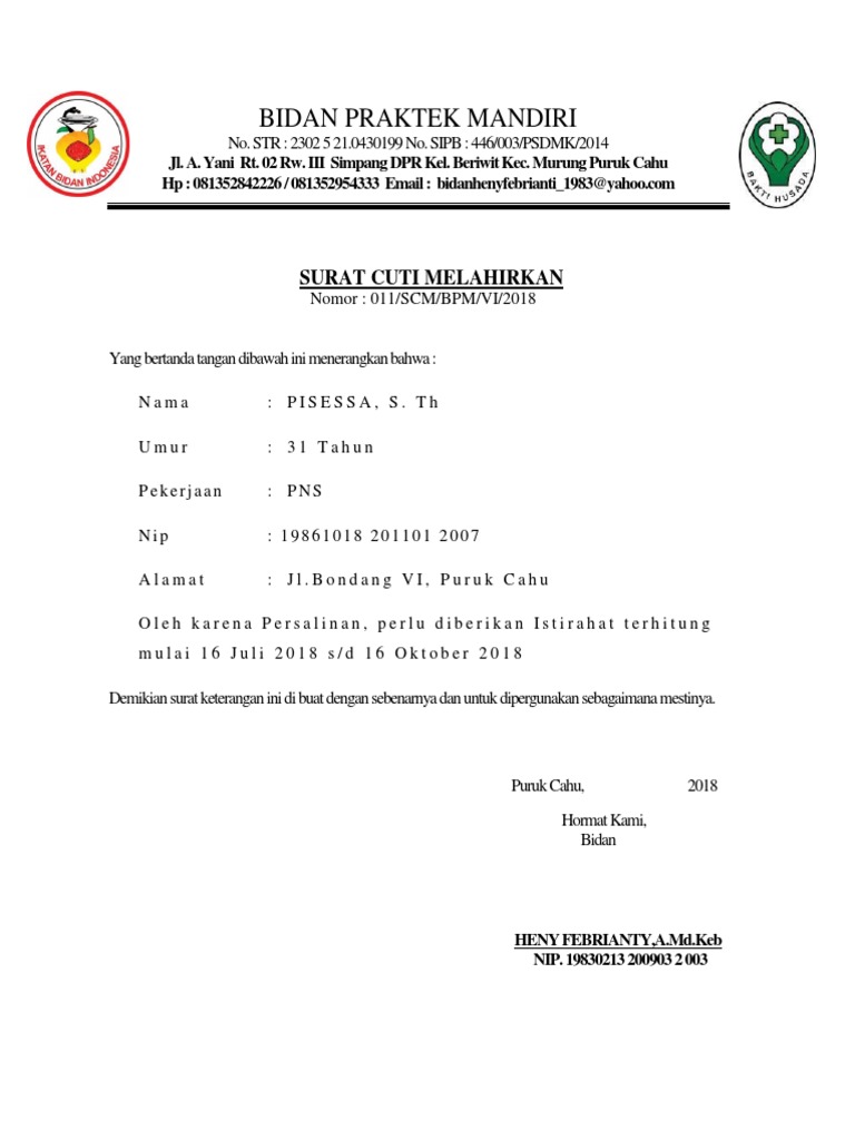 Contoh Surat Cuti Melahirkan Dari Bidan Nusagates