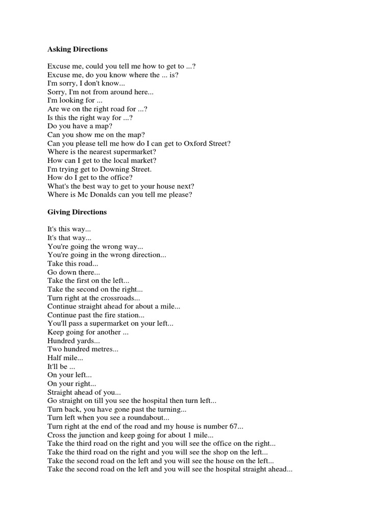 Asking and Giving Directions in English | PDF | Road | Transport ...