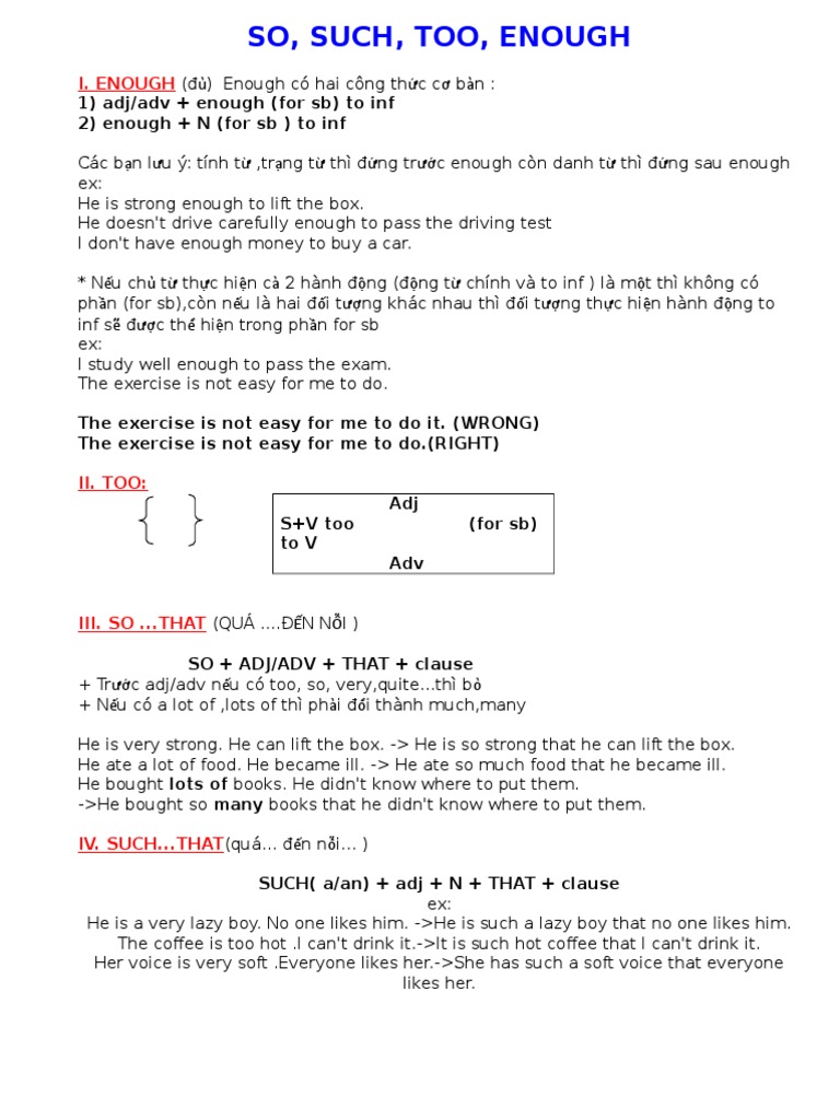 Exercises on So, Such, Too, Enough | PDF | Language Arts & Discipline