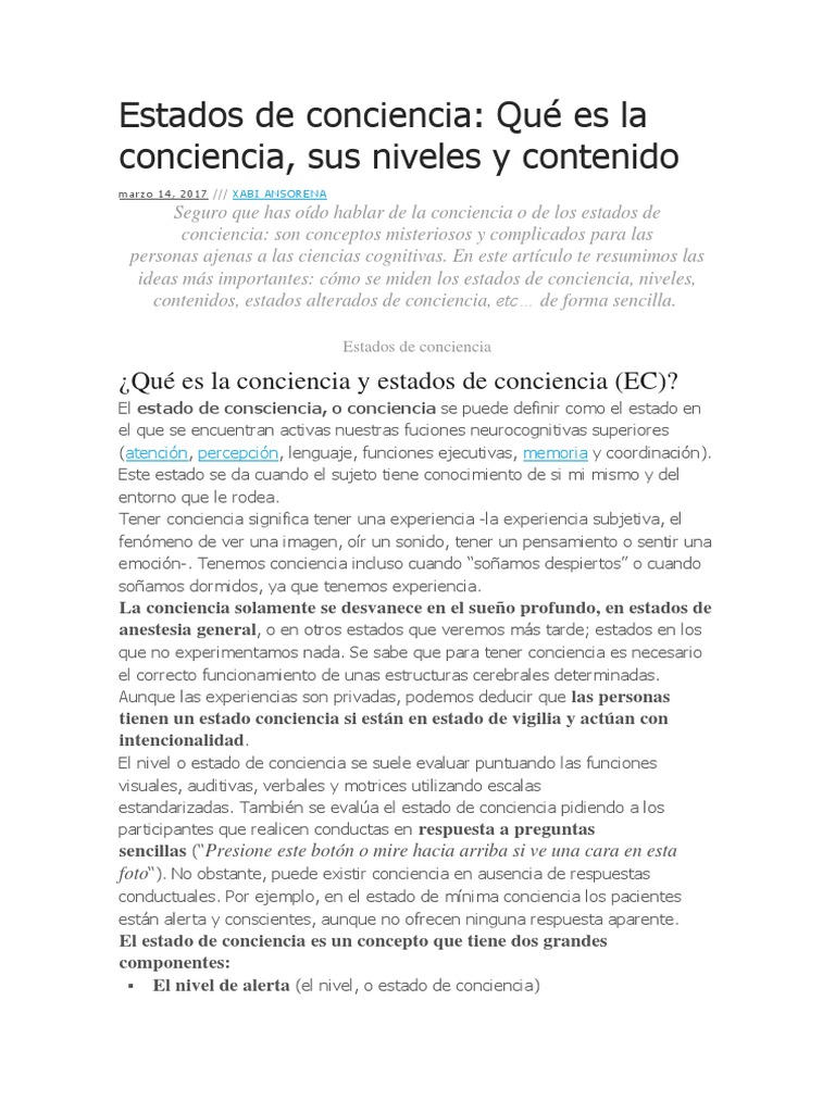 Niveles y Contenido de la Conciencia | PDF | Cerebro | Coma