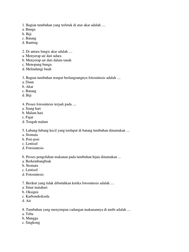 Soal Ipa Kelas 5 Tumbuhan Hijau