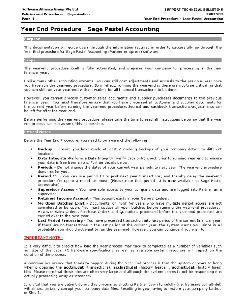 Pastel Accounting Year End Procedures PDF Backup Receipt