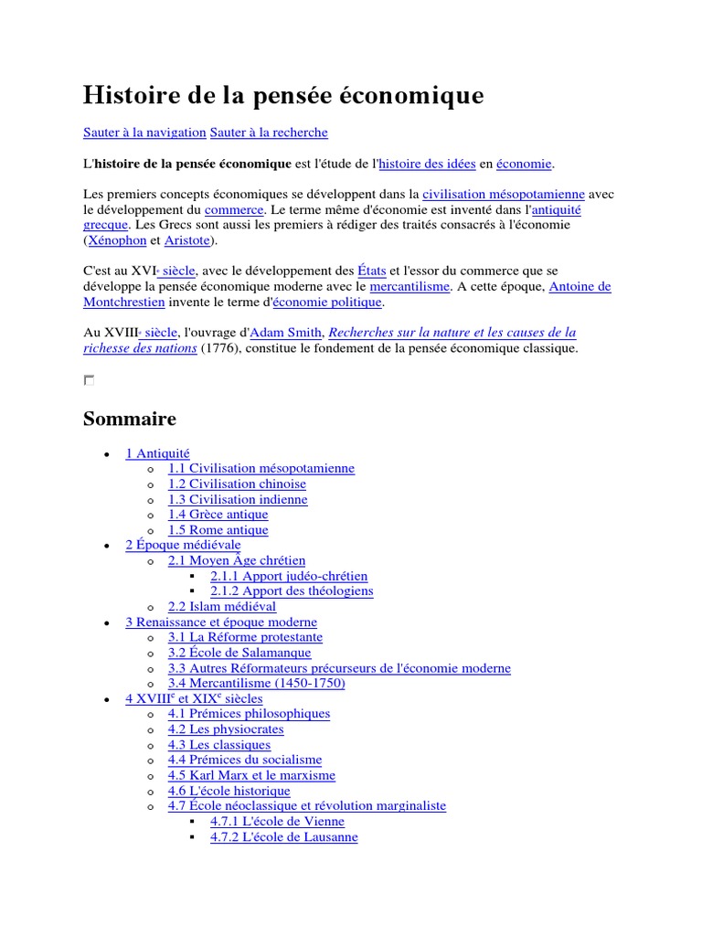 Histoire De La Pensee Economique Economie Economie