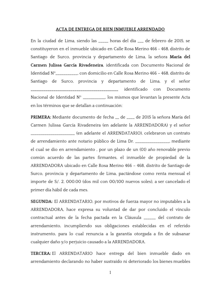 Acta de Entrega de Bien Inmueble Arrendado PDF Política Gobierno
