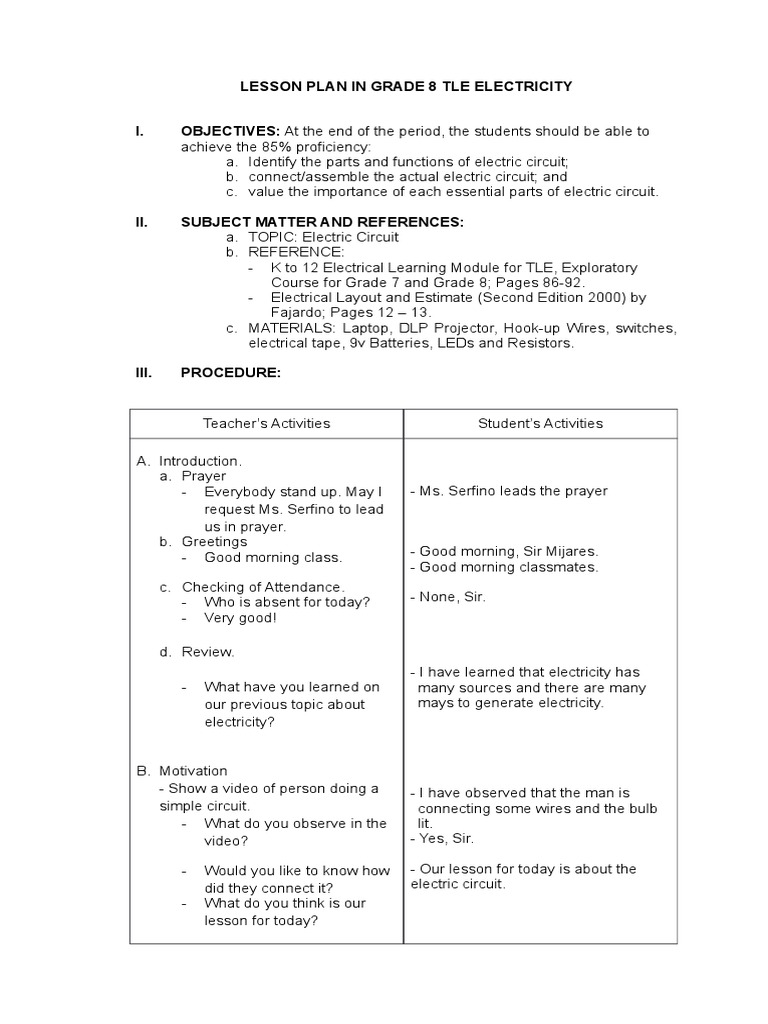 Detailed Lesson Plan in Grade 8 Electricity Direct Current Electricity