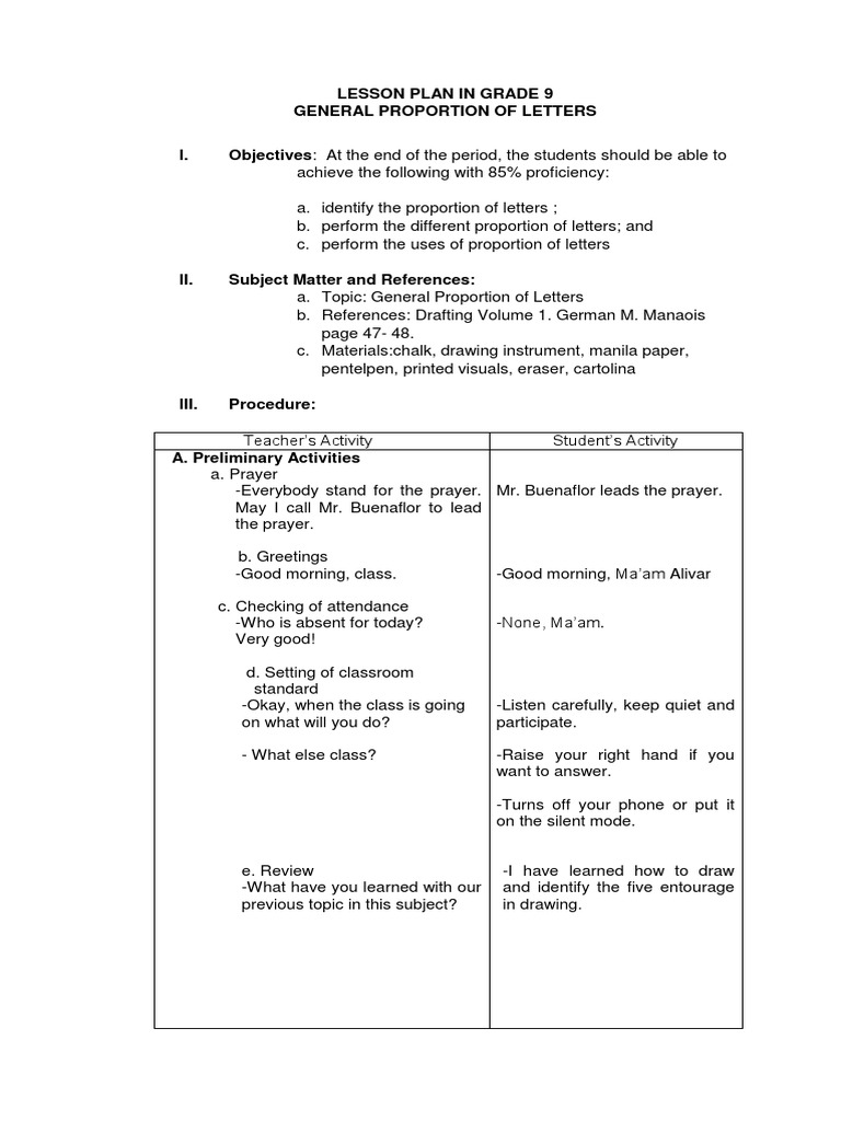 Grade 9 Lesson Plan: Letter Proportions | PDF | Lesson Plan | Teaching