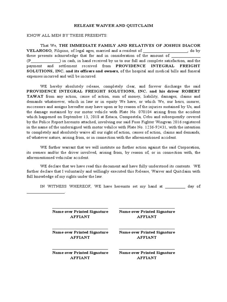 Accident Release Waiver And Quitclaim PDF PDF Common Law Private Law