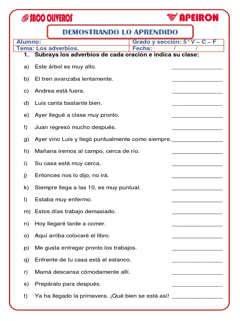 Ejercicios de Adverbios 5° Primaria | PDF | Artes del Lenguaje y ...