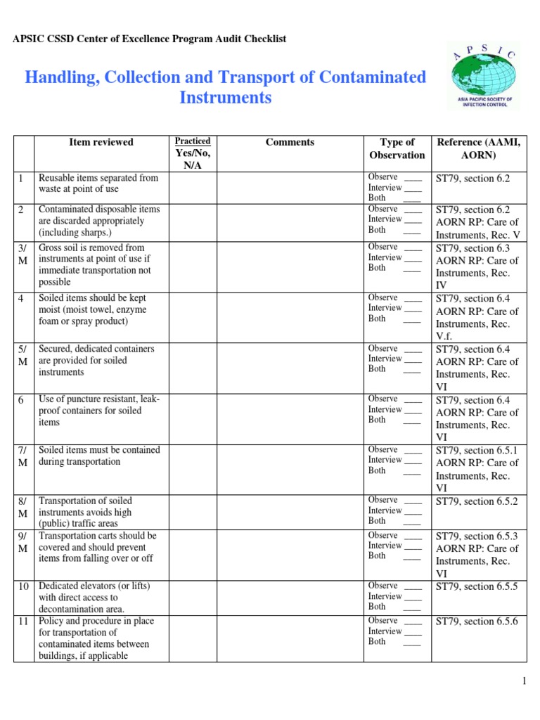APSIC CSSD COE Program Audit Checklist English Sterilization