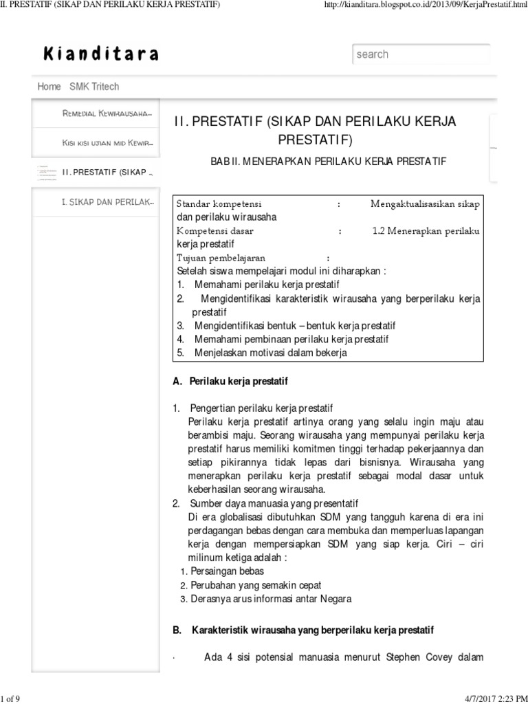 Prestatif (Sikap Dan Perilaku Kerja Prestatif) PDF Pengembangan Diri
