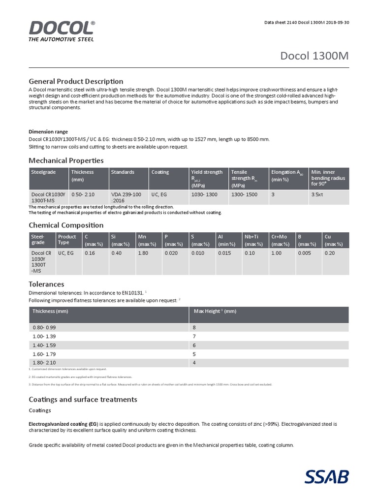 Docol 1300M Martensitic Steel Data Sheet | PDF | Engineering Tolerance ...