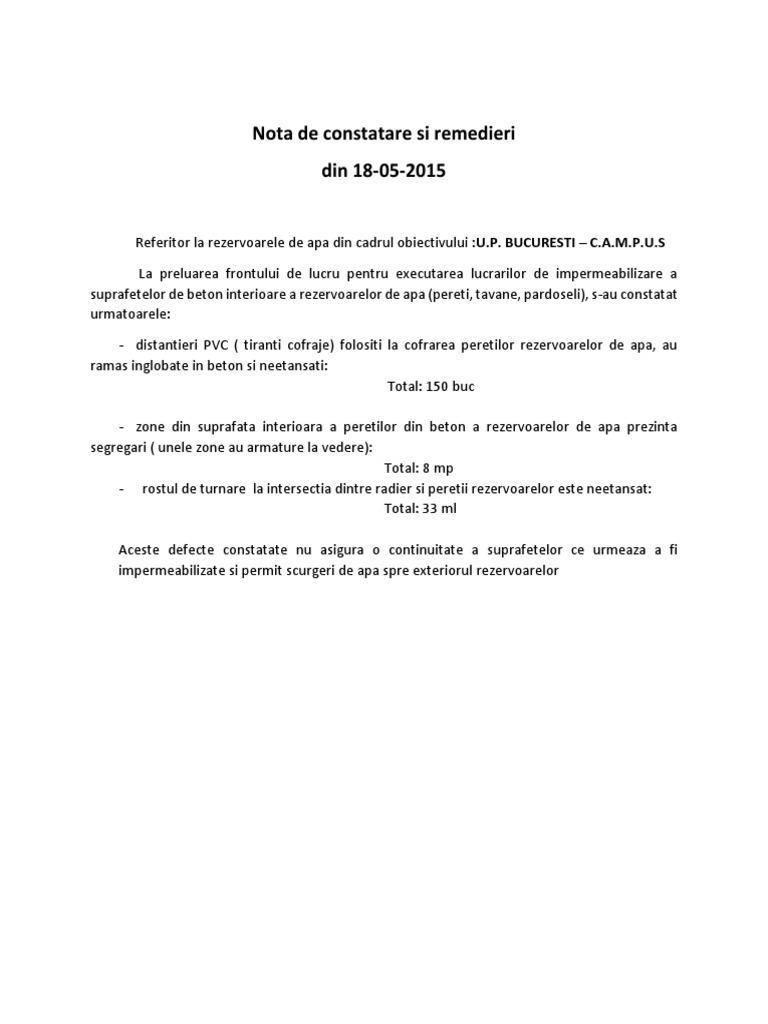 Nota de Constatare Rezervoare | PDF