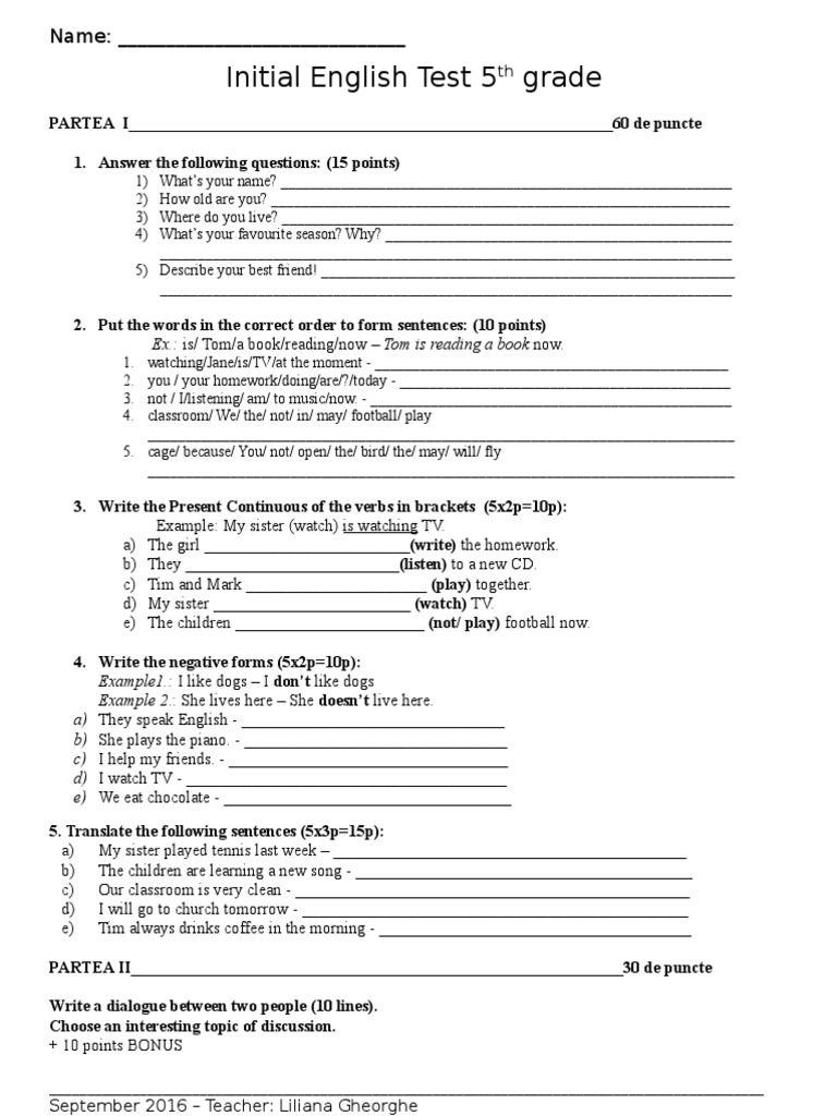 Initial English Test for 5th Grade | PDF