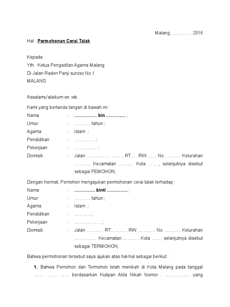 Contoh Surat Permohonan Talak