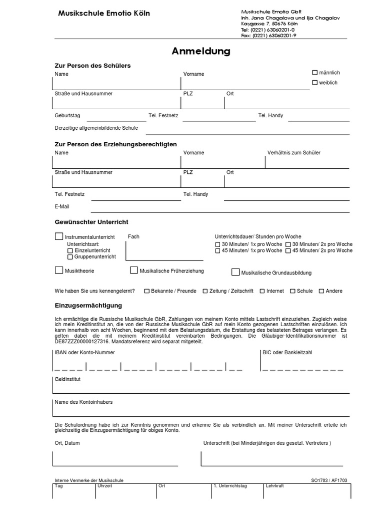 Anmeldung Formular