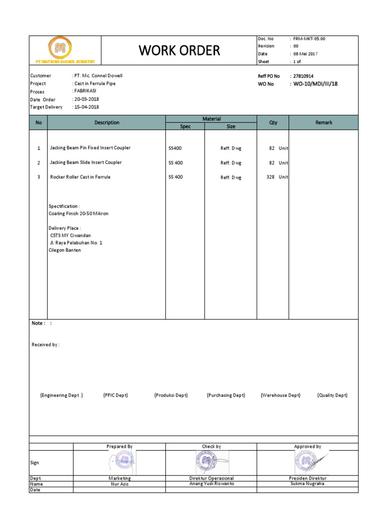 WO-10 Fabrication Order Details | PDF