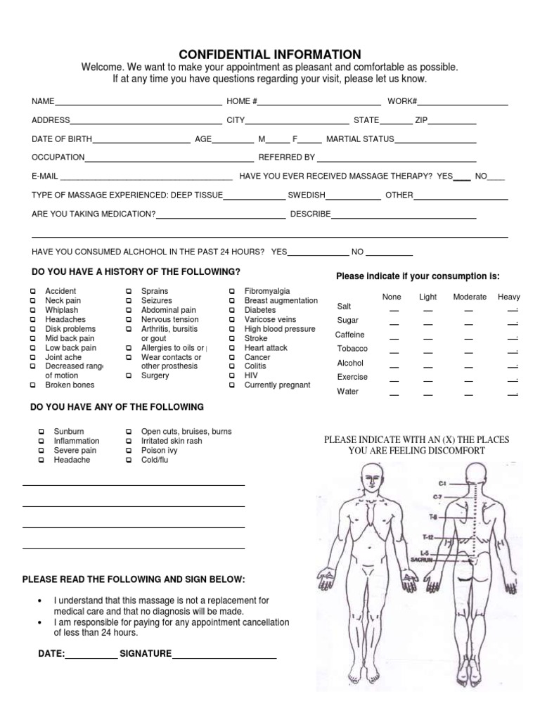 Chiropractic Performance Center Massage Paperwork | PDF | Massage ...