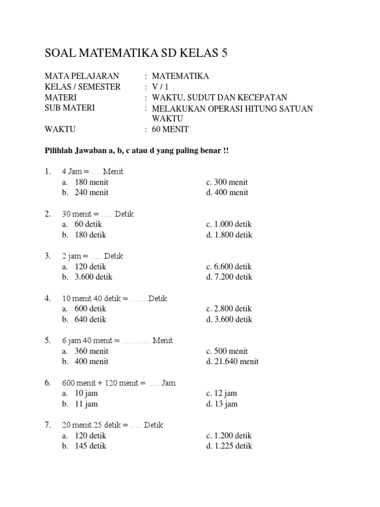Soal Matematika Kelas 5 Sd Pdf